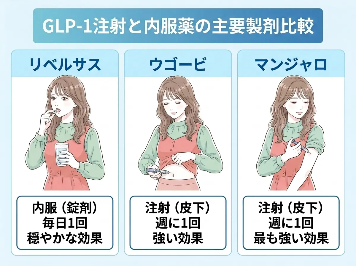 GLP-1注射と内服薬の主要製剤の比較、リベルサス、ウゴービ、マンジャロ