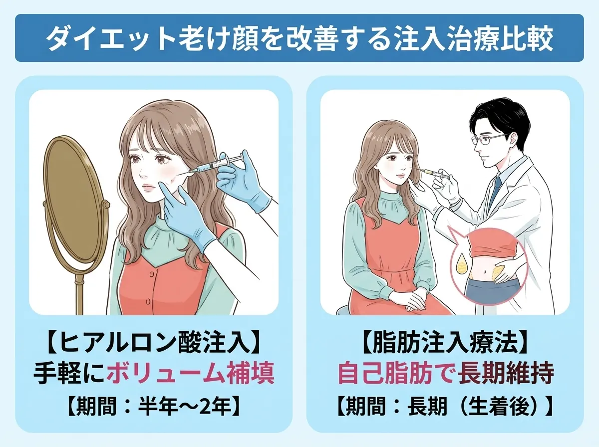ダイエットによる老け顔を改善する注入治療の比較