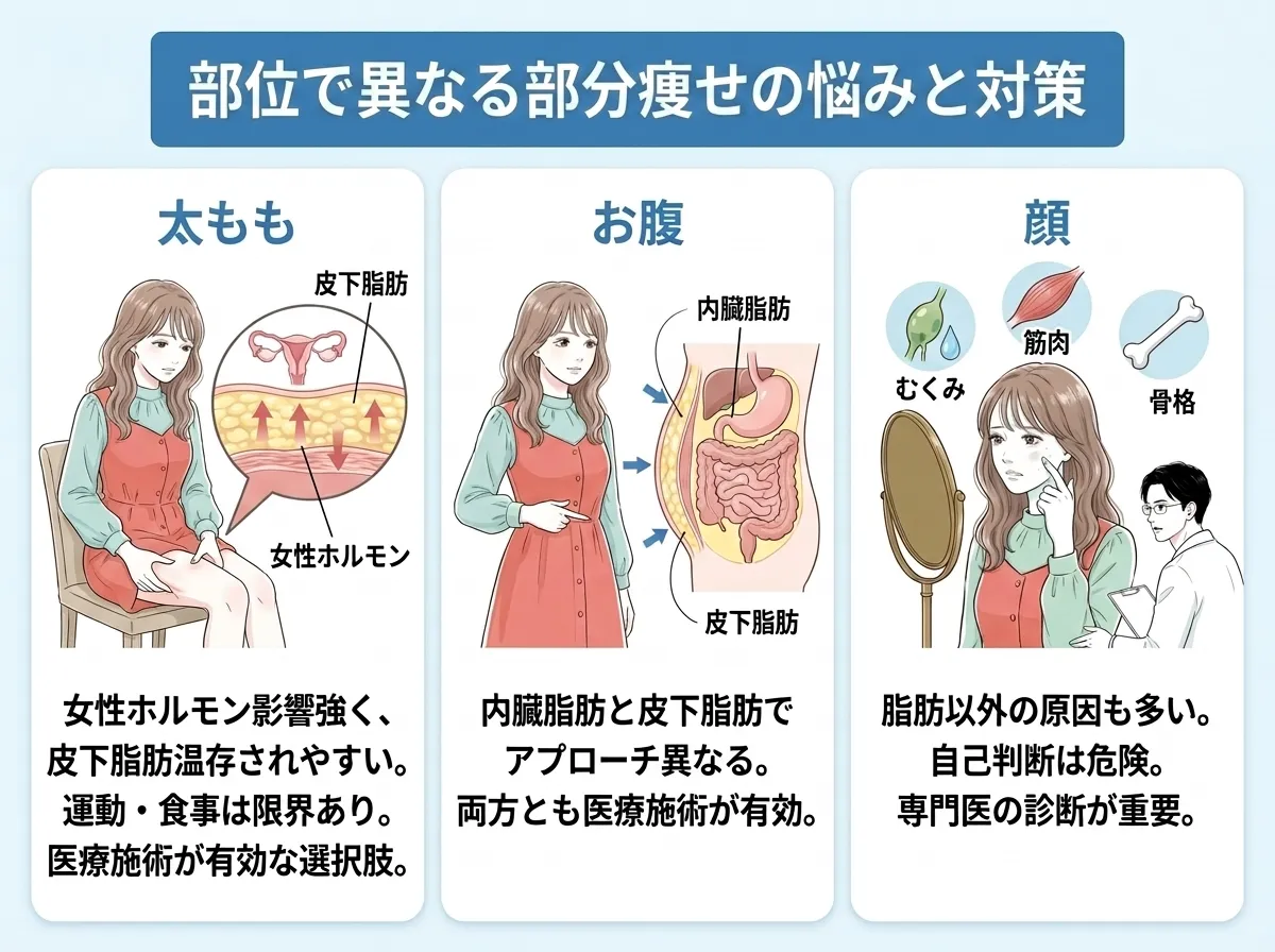 太もも、お腹、顔で異なる部分痩せの悩みと対策