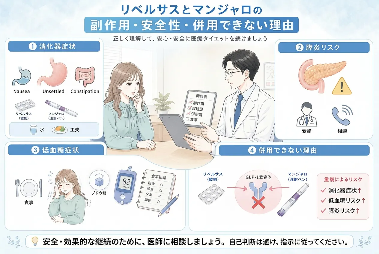 リベルサスとマンジャロは消化器症状や低血糖などの副作用のリスクがあることを説明