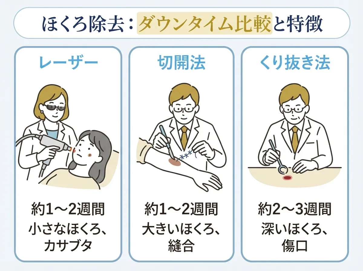 ほくろ除去の施術方法別ダウンタイム期間の比較