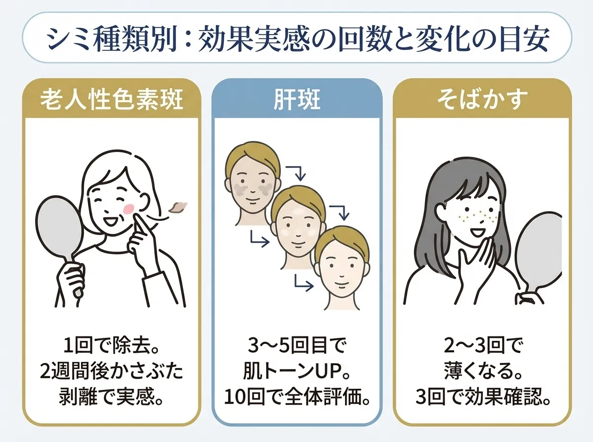シミ種類別の効果実感の回数と変化の目安